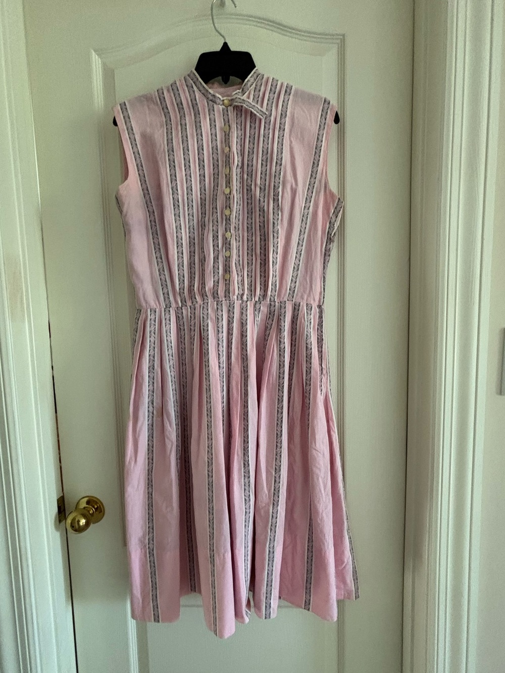 Vintage sz Small ? Handmade pink fit flare midi dress, gray stripe cottagecore